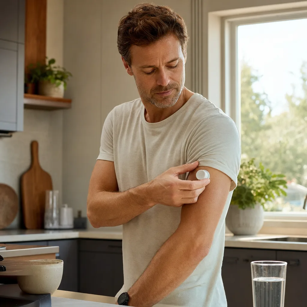A man using the needle-free arm collector at home