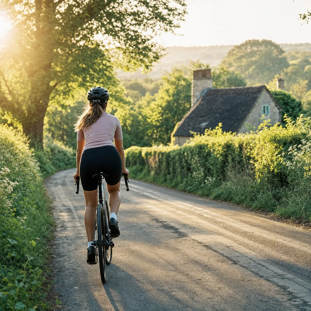 A woman cycling along a country lane in morning sun