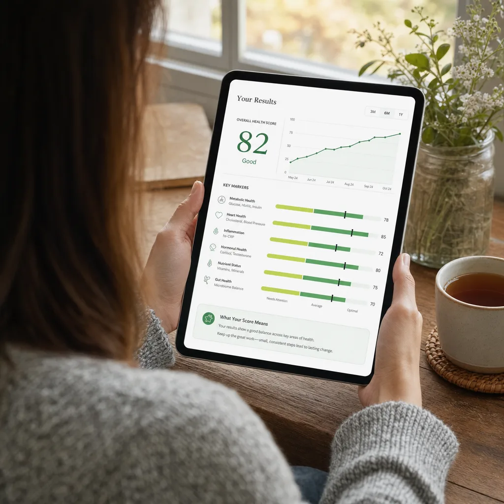 A woman reading her retest results on a tablet