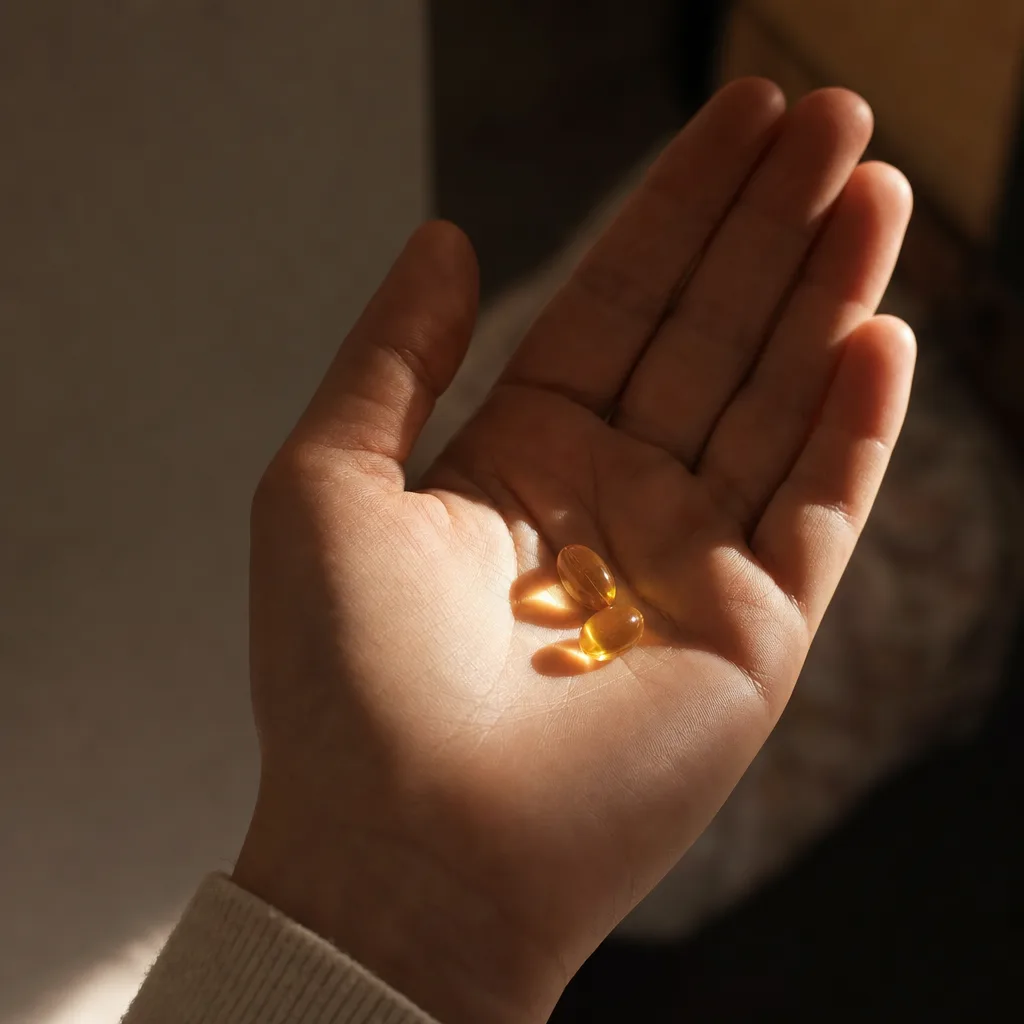 Two vitamin D capsules in an open palm