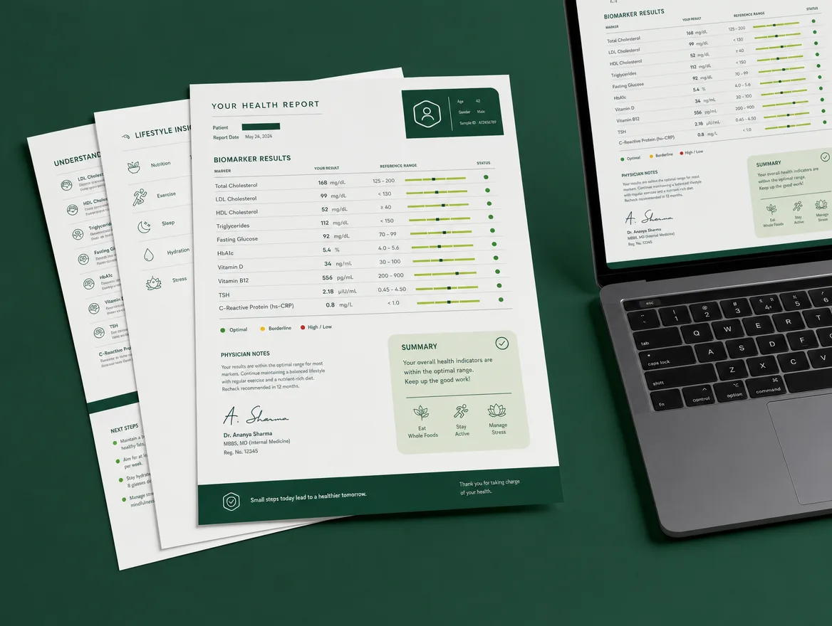 A printed Sero Health report beside a laptop