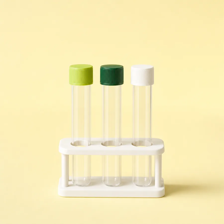 Three blood sample tubes in a wooden rack